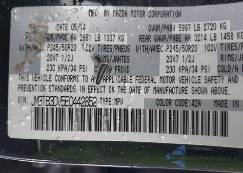 2014 Mazda Cx-9 Grand Touring z USA, uszkodzony, nr VIN JM3TB3DV5E0442852